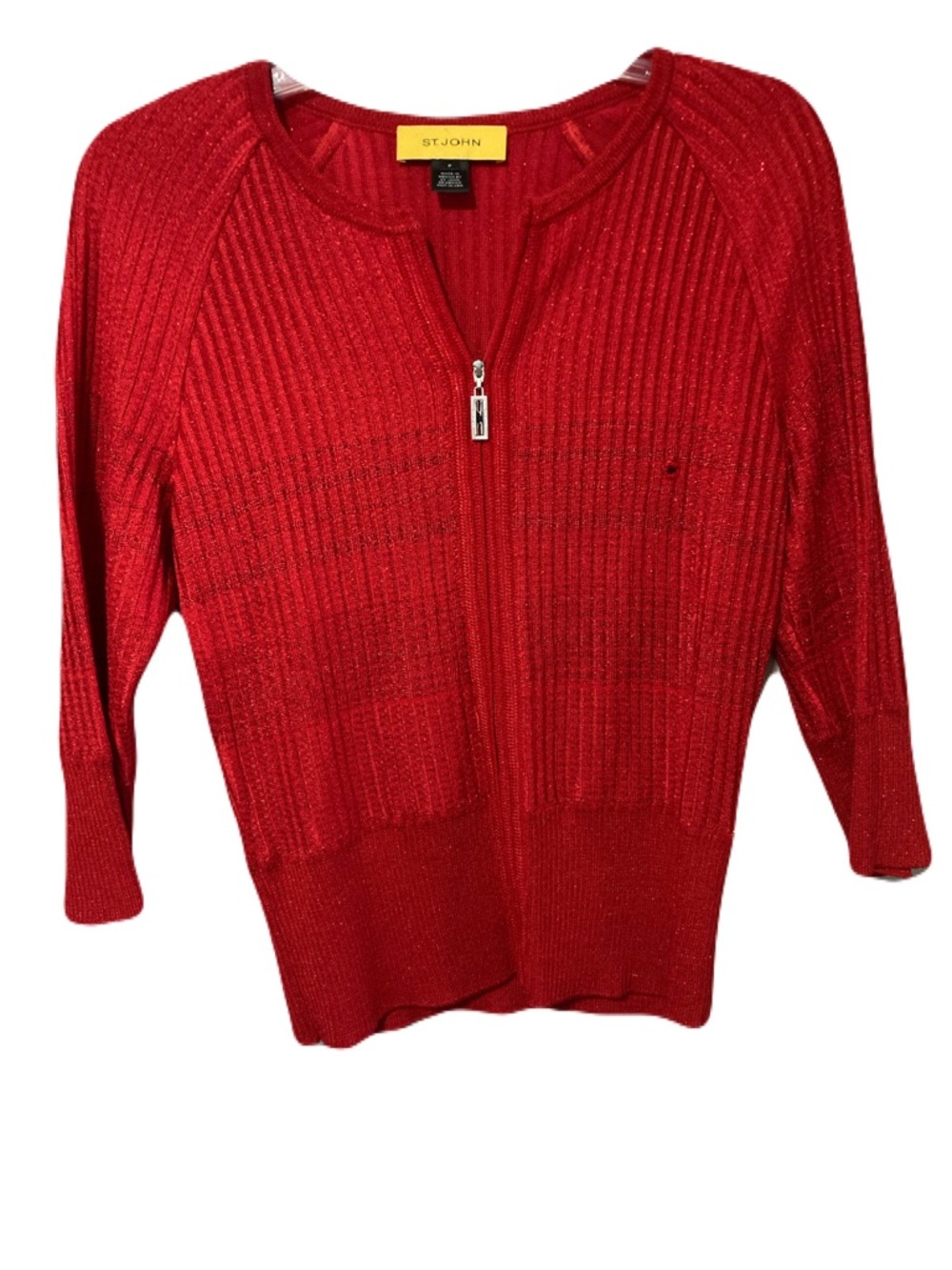 St. John Red Zip-Front Ribbed Cardigan with Subtle Shine